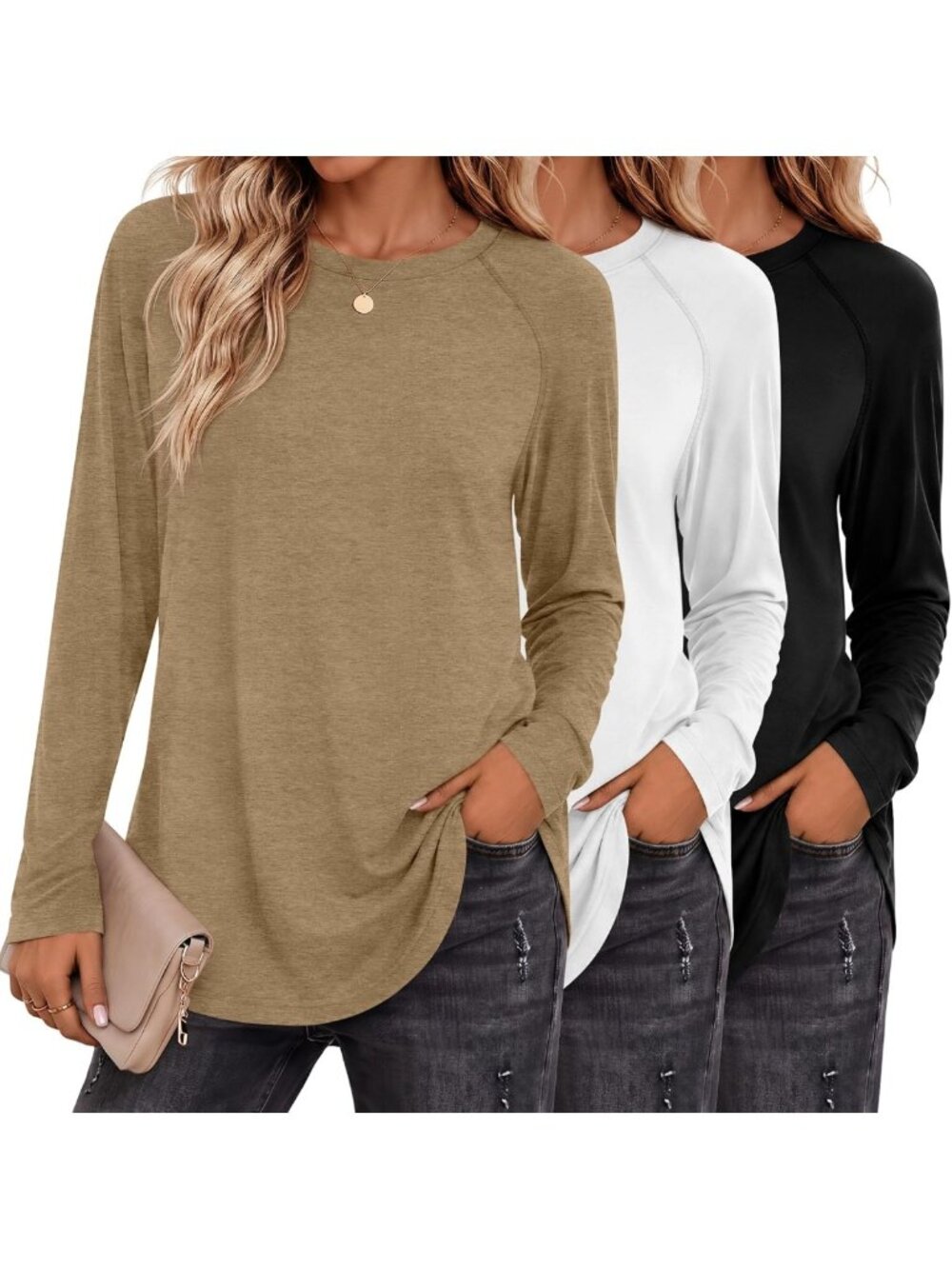 3-Piece Women's Raglan Long Sleeve Tunic Tops - Casual Crew Neck Shirts